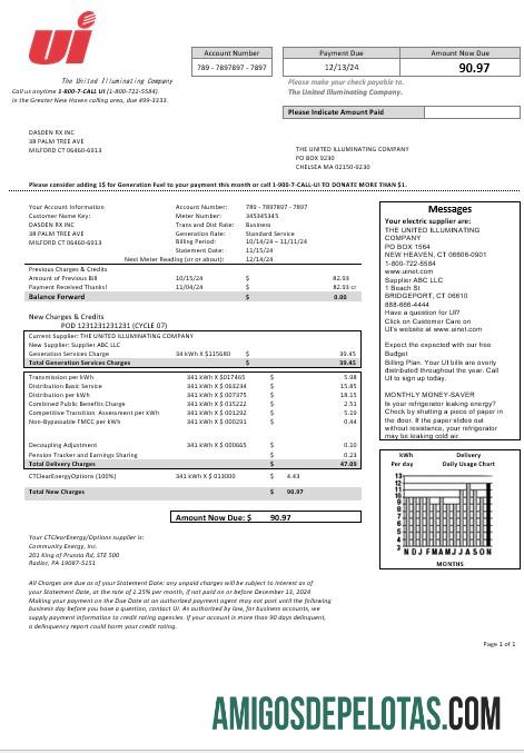 Dapat Diedit AS Connecticut The United Illuminating Perusahaan Listrik bisnis Tagihan Tagihan templat in Word and PDF format