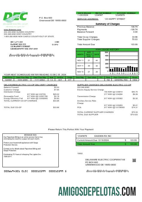 Dapat Diedit AS Delaware Electric Co op bisnis Tagihan Tagihan templat in Word and PDF format