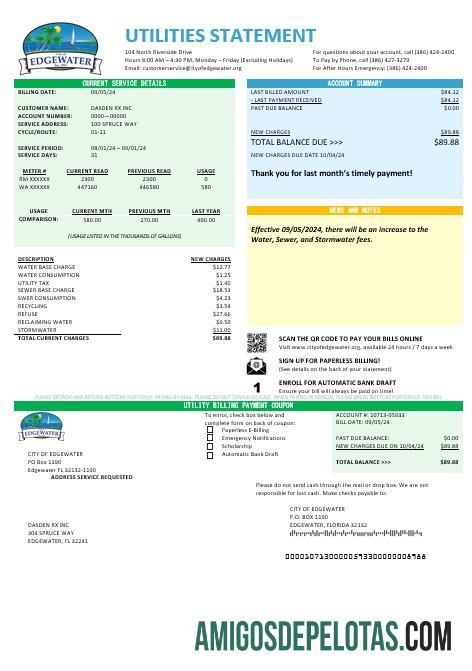 Dapat Diedit AS Florida City of Edgewater bisnis Tagihan Tagihan templat in Word and PDF format