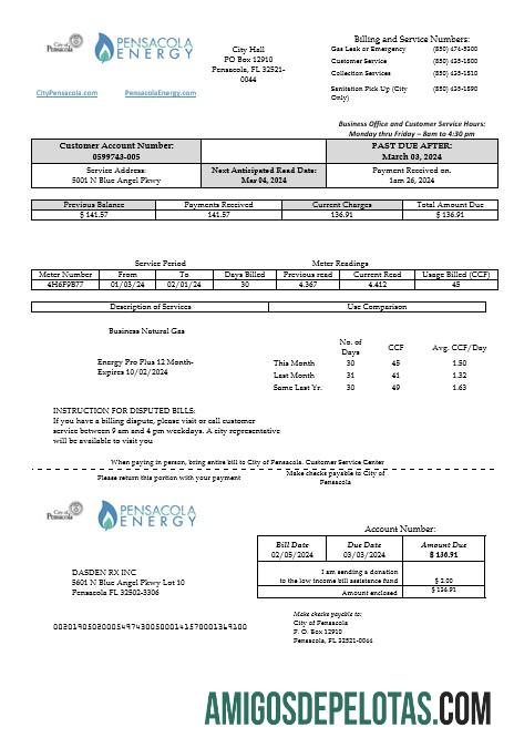Profesional AS Florida Pensacola Energy bisnis Tagihan Tagihan templat in Word and PDF format