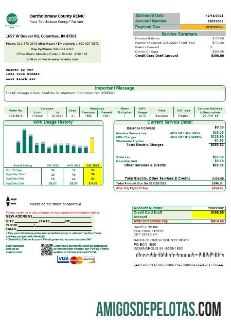 Premium AS Indiana Bartholomew County REMC bisnis Tagihan Tagihan templat in Word and PDF format