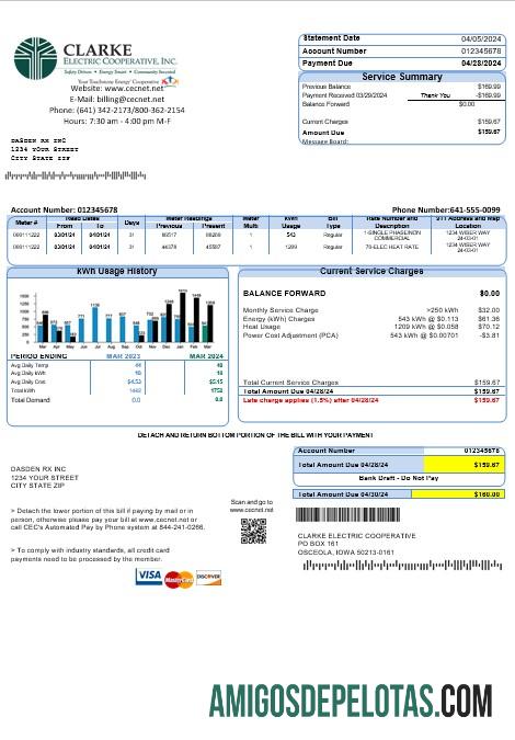 Realistis AS Iowa Clarke Electric Cooperative, Inc bisnis Tagihan Tagihan templat in Word and PDF format