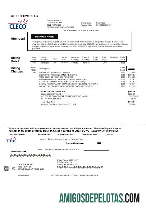 Profesional AS Louisiana Cleco Power Listrik bisnis Tagihan Tagihan templat in Word and PDF format