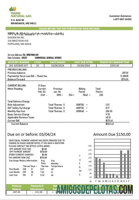 Berkualitas AS Maine Natural Gas Portland bisnis Tagihan Tagihan templat in Word and PDF format
