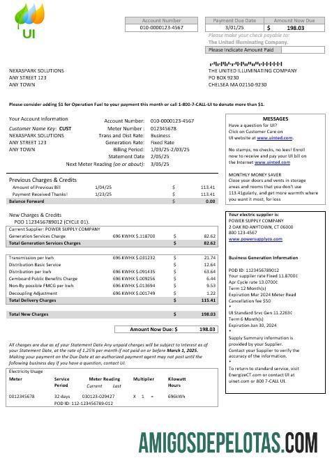 Premium AS Massachusetts Chelsea UI The United Illuminating Perusahaan bisnis Tagihan Tagihan Word and PDF templat