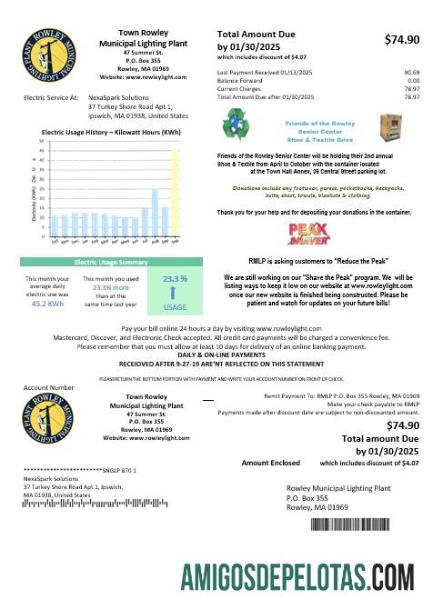 Dapat Diedit AS Massachusetts Town of Rowley Municipal Lighting Plant Listrik bisnis Tagihan Tagihan templat in Word and PDF format
