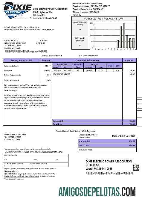 Profesional AS Mississipi Dixie Electric bisnis Tagihan Tagihan templat in Word and PDF format