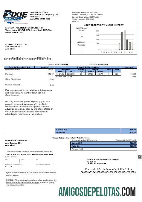 Dapat Diedit AS Mississippi Dixie Electric bisnis Tagihan Tagihan templat in Word and PDF format