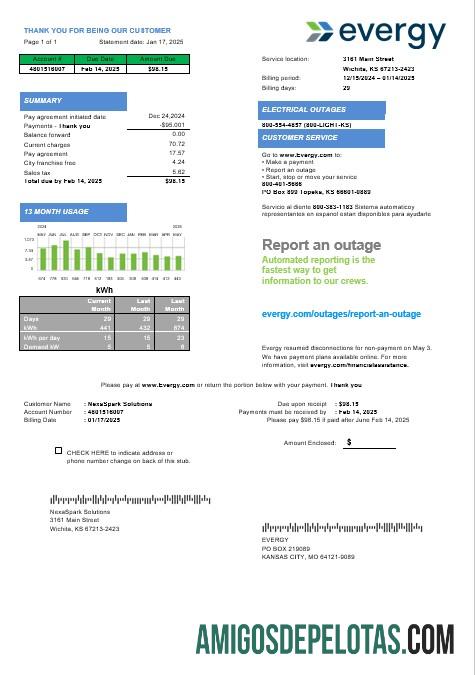 Realistis AS Missouri Evergy Listrik bisnis Tagihan Tagihan templat in .doc and .PDF format