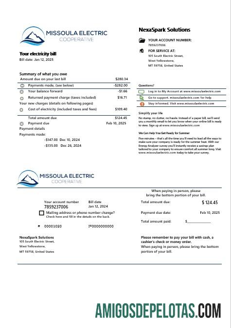 Berkualitas AS Montana Missoula Electric Cooperative Listrik bisnis Tagihan Tagihan templat in Word and PDF format