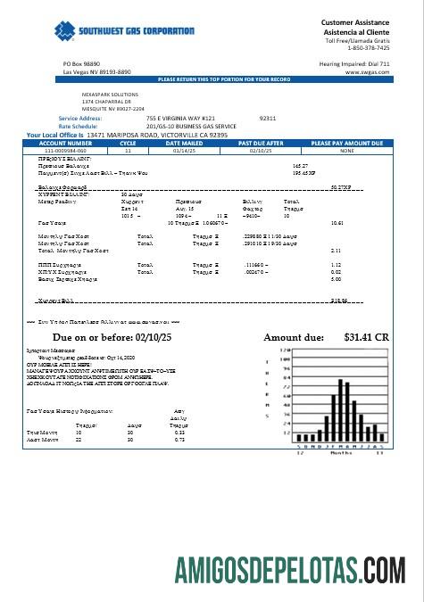 Dapat Diedit AS Nevada Southwest Gas Corporation bisnis Tagihan Tagihan templat in Word and PDF format