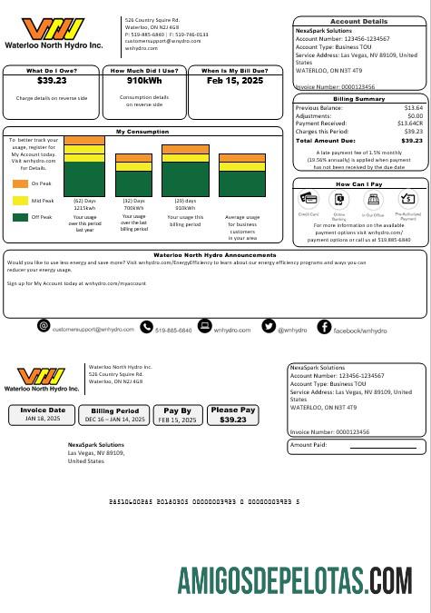 Profesional AS Nevada Waterloo North Hydro bisnis Tagihan Tagihan templat in Word and PDF format