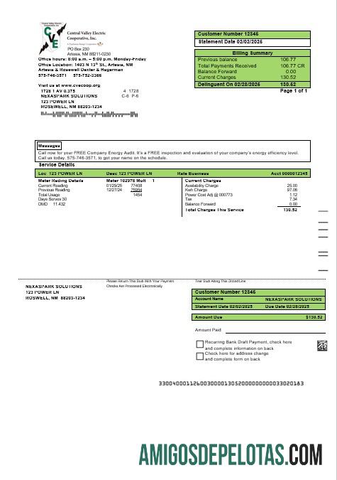 Dapat Diedit AS Baru Meksiko Listrik proof of address bisnis Tagihan Tagihan templat in Word and PDF format