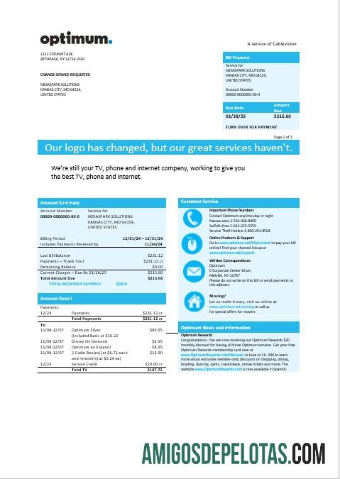 Berkualitas AS Baru York Optimum cablevision bisnis Tagihan Tagihan templat in Word and PDF format