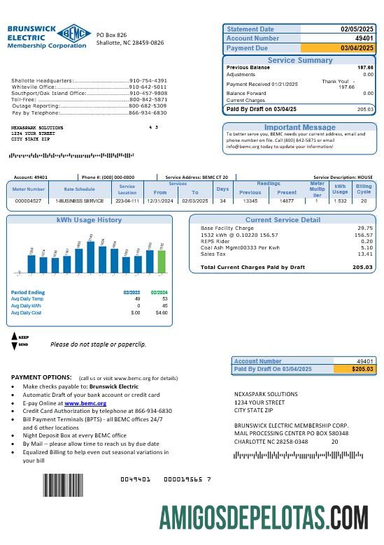 Dapat Diedit AS North Carolina Brunswick Electric bisnis Tagihan Tagihan templat in Word and PDF format