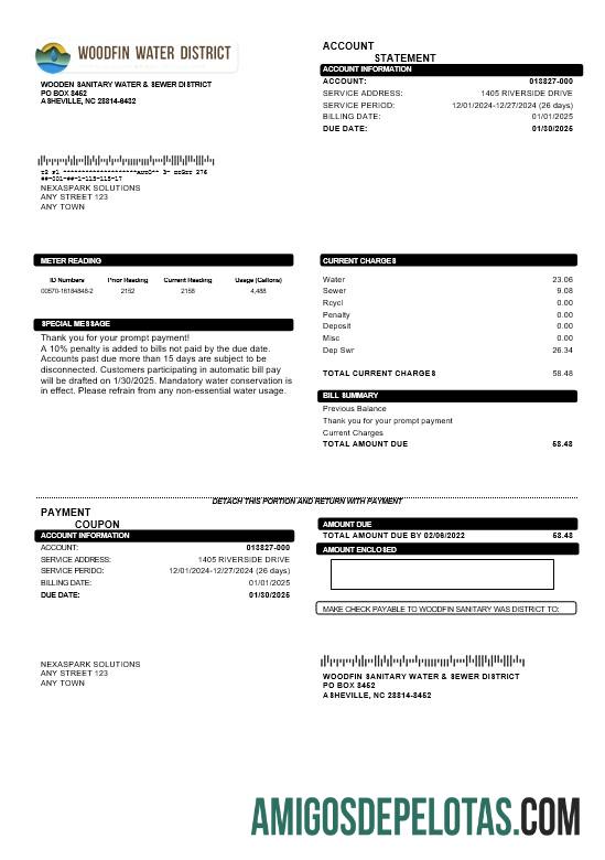 Profesional AS North Carolina Woodfin Sanitary Air & Sewer District bisnis Tagihan Tagihan templat in Word and PDF format