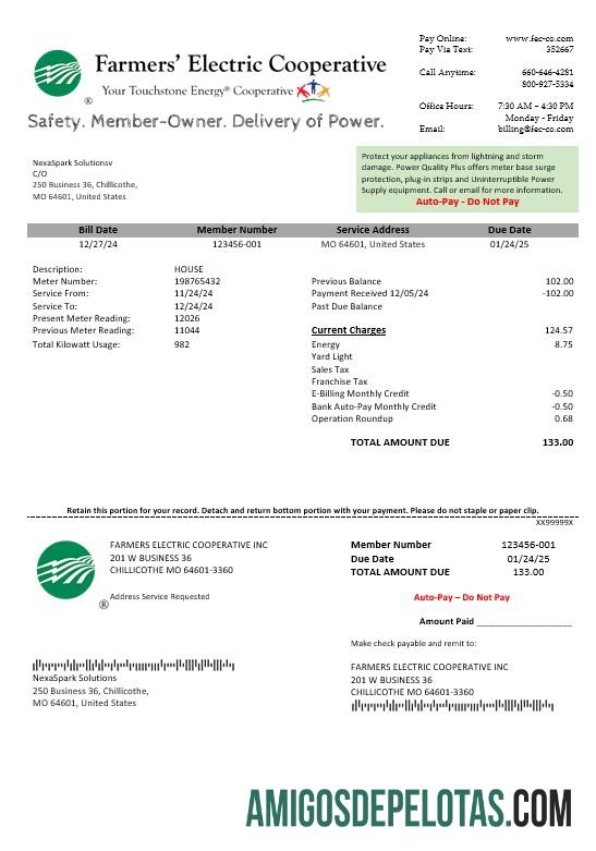 Berkualitas AS Ohio FarmerΓÇÖs Electric Cooperative bisnis Tagihan Tagihan templat in Word an PDF format