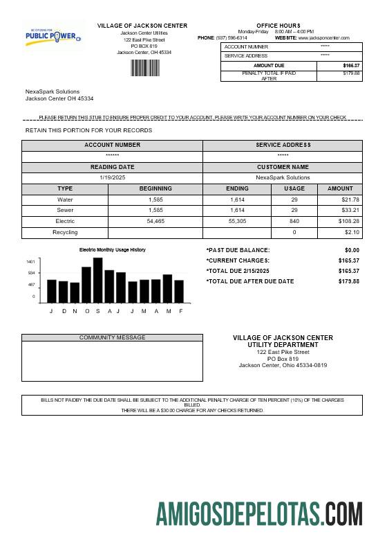 Profesional AS Ohio Village of Jackson Center Public Power bisnis Tagihan Tagihan templat in Word and PDF format