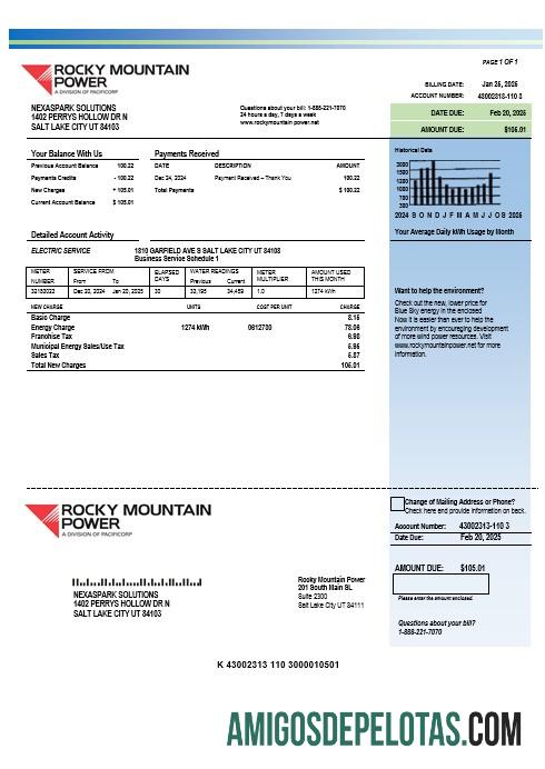 Dapat Diedit AS Utah Rocky Mountain Power Listrik bisnis Tagihan Tagihan templat in Word and PDF format