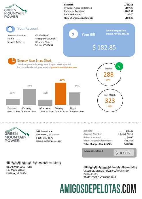 AS Vermont hijau Mountain Power Listrik bisnis Tagihan Tagihan in Word and PDF format desain
