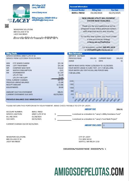 Berkualitas AS Washington City of Lacey Air bisnis Tagihan Tagihan templat in Word and PDF format (proof of address)