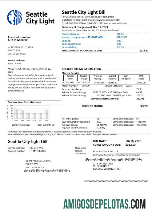 Profesional AS Washington Seattle City Light bisnis Tagihan Tagihan templat in Word and PDF format