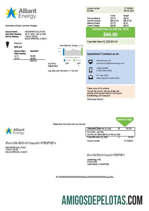 Premium AS Wisconsin Alliant Energy Listrik bisnis Tagihan Tagihan templat in Word and PDF format