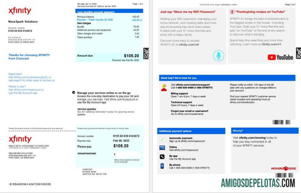 Berkualitas AS XFINITY bisnis Tagihan Tagihan Word and PDF templat, versi 2