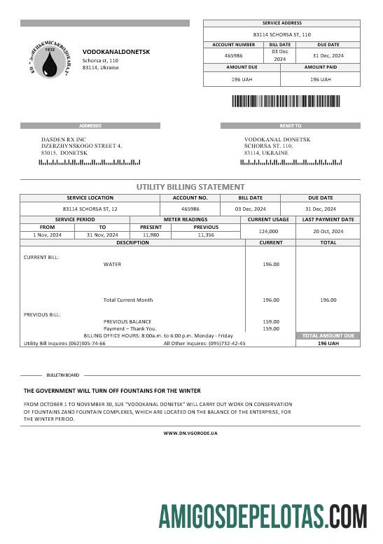 Berkualitas Ukraina Vodokanal Donetsk (╨ö╨╛╨╜╨╡╤å╤î╨║╨╝╨╕╤ü╤î╨║╨▓╨╛╨┤╨╛╨║╨░╨╜╨░╨╗) bisnis Tagihan Tagihan templat in Word and PDF format