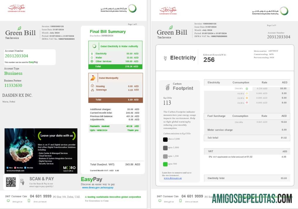 Realistis Uni Emirat Arab Dubai hijau bisnis Tagihan Tagihan templat in Word and PDF format, fully Dapat Diedit 1 2