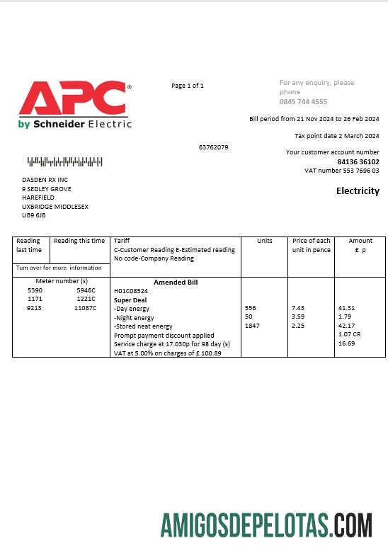 Realistis Inggris Raya APC Listrik bisnis Tagihan Tagihan templat in Word and PDF format