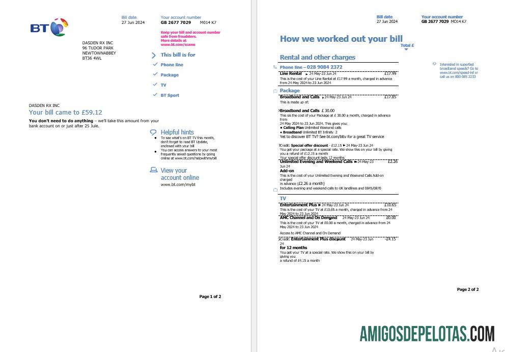 Berkualitas Inggris Raya BT bisnis Tagihan Tagihan templat in Word and PDF format, 2 pages