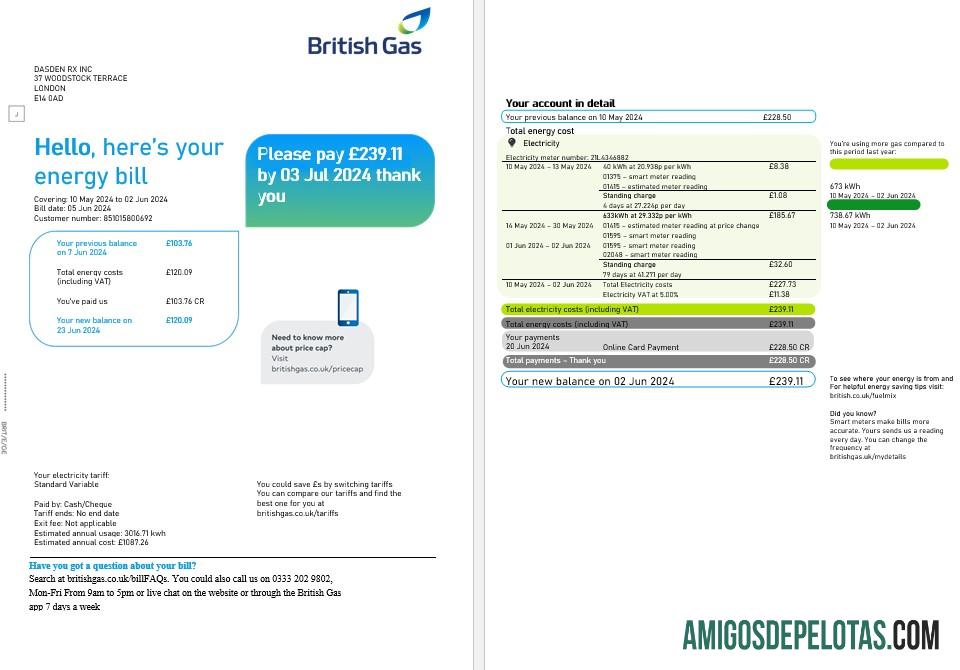 Profesional Inggris Raya British Gas bisnis Tagihan Tagihan, Word and PDF templat, 2 pages