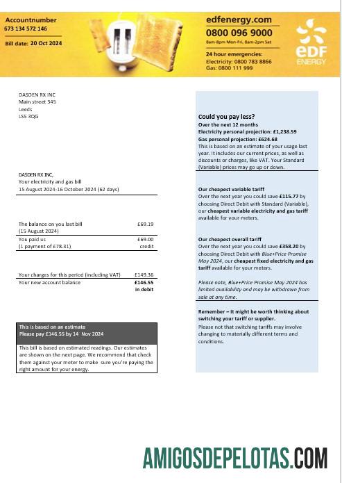 Inggris Raya EDF Energy Listrik and Gas bisnis Tagihan Tagihan Word and PDF format, versi 2 desain