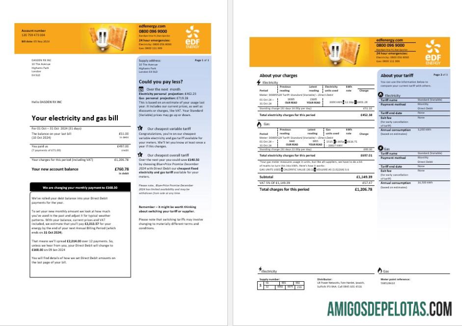 Berkualitas Inggris Raya EDF bisnis Tagihan Tagihan templat in Word and PDF format, 3 pages