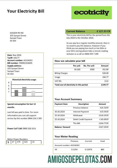 Dapat Diedit Inggris Raya Ecotricity Listrik bisnis Tagihan Tagihan templat in Word and PDF format
