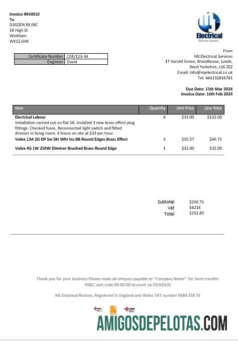 Dapat Diedit Inggris Raya MJ Electrical proof of address bisnis Tagihan Tagihan templat in Word and PDF format
