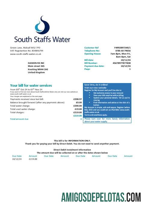 Inggris Raya South Staffs Air Air bisnis Tagihan Tagihan Word and PDF format, versi 2 templat