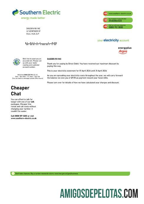 Dapat Diedit Inggris Raya Southern Electric proof of address bisnis Tagihan Tagihan templat in Word and PDF format