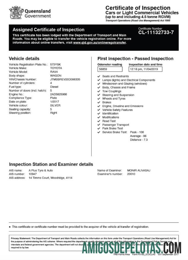 Australia Queensland sertifikat of vehicle inspection desain
