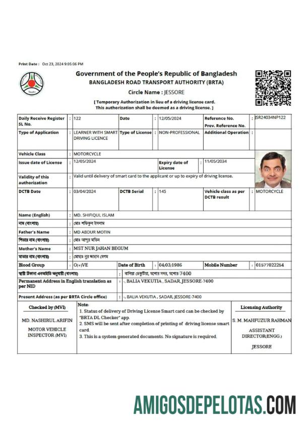 Bangladesh temporary otorisasi in lieu of a Surat Izin Mengemudi kartu templat