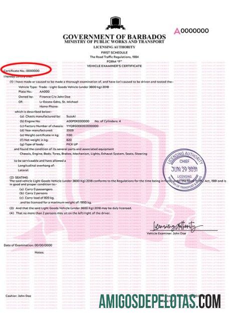 Barbados vehicle pendaftaran sertifikat pratinjau