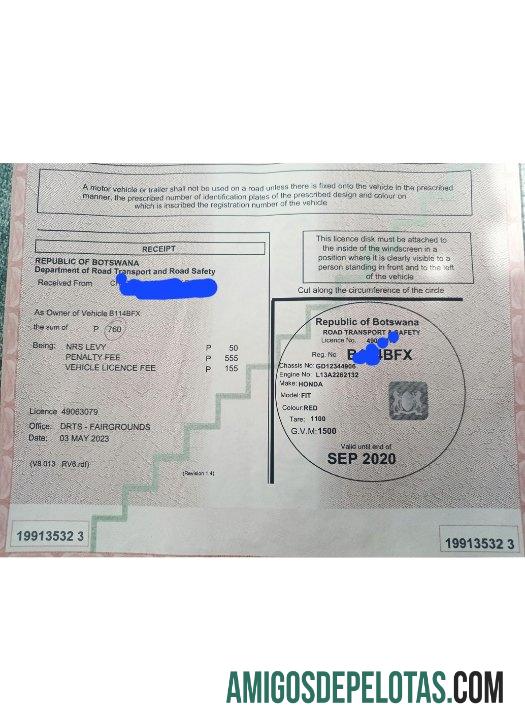 Botswana vehicle pendaftaran sertifikat sampel