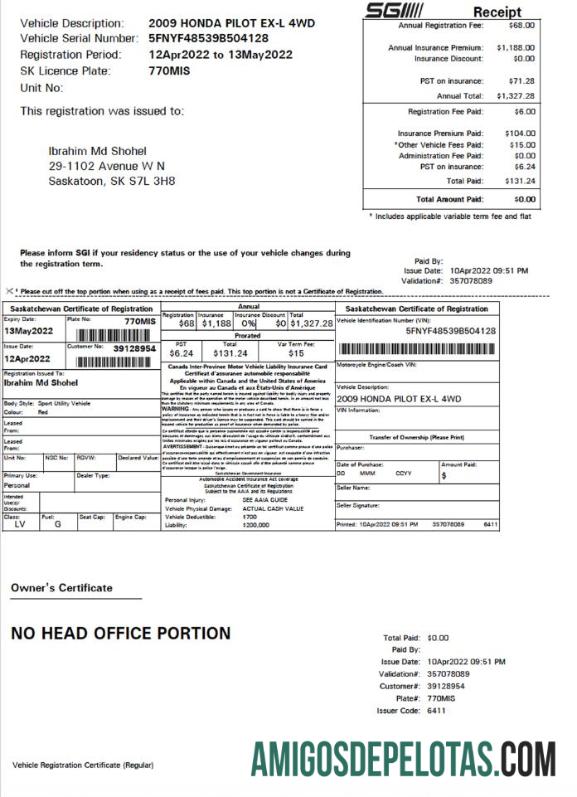 Kanada Saskatchewan sertifikat of vehicle pendaftaran sampel