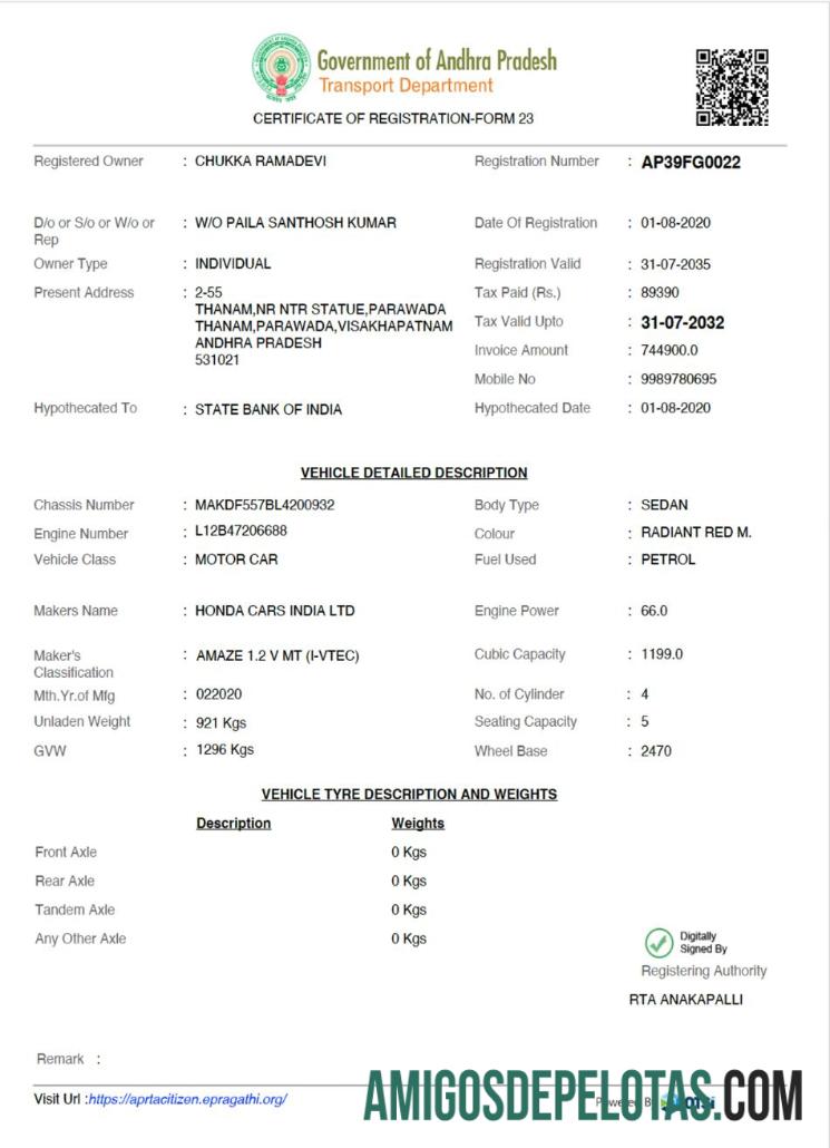 India Andhra Pradesh state vehicle pendaftaran sertifikat makering