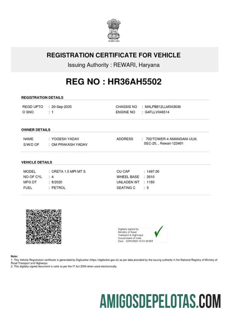 India vehicle pendaftaran sertifikat pratinjau