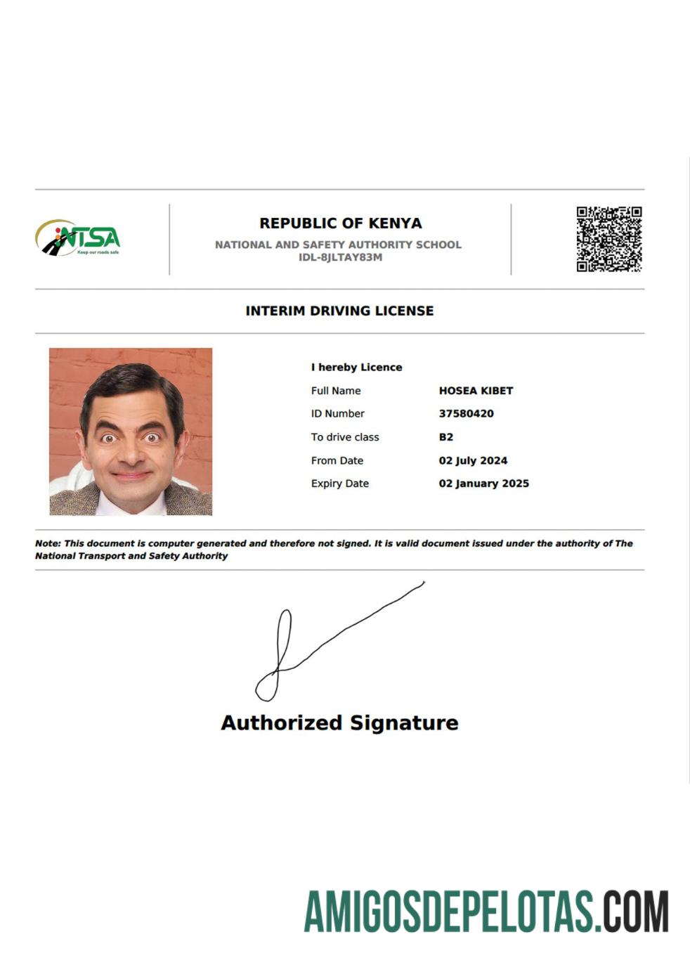 Kenya interim Surat Izin Mengemudi templat