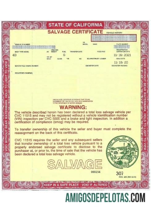 AS California salvage sertifikat of a vehicle desain