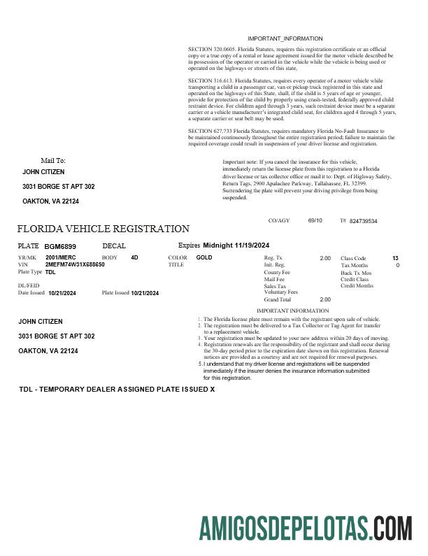 Dapat Diedit AS Florida vehicle pendaftaran templat in Word and PDF format