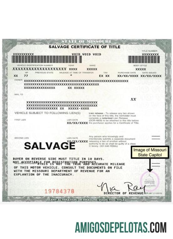 AS Missouri salvage sertifikat of title templat